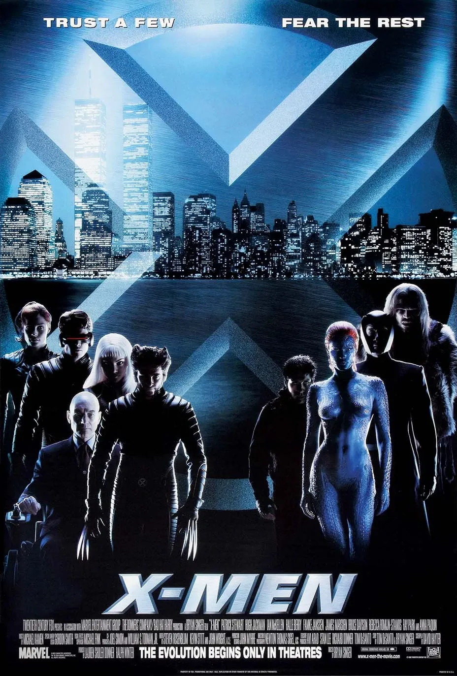X-Men (2000) theatrical poster showing the heroes and villains beneath a giant X and the New York skyline.